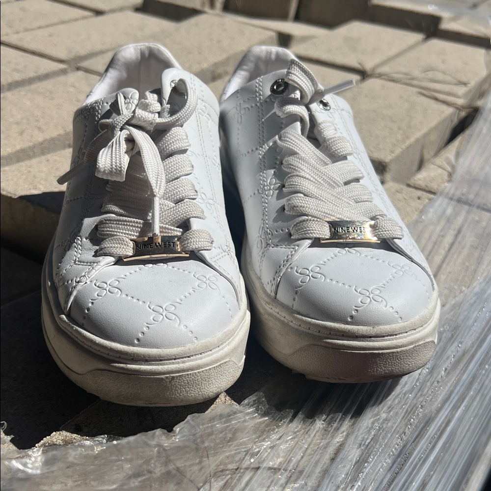 Nine West White Quilted Logo Lace-Up Sneakers